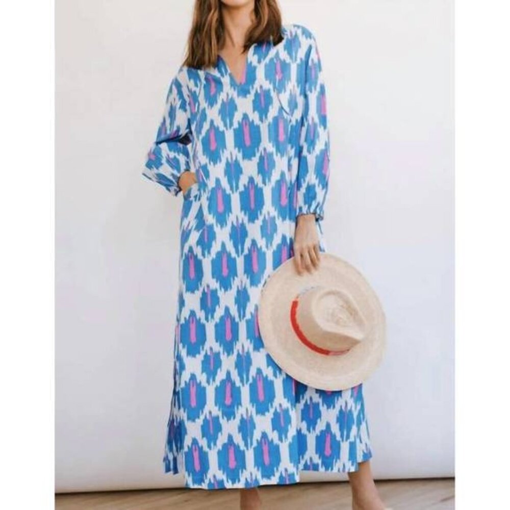 Sunshine Tienda Truman Ikat Sienna Blue Maxi Dress Long Sleeve Womens Medium